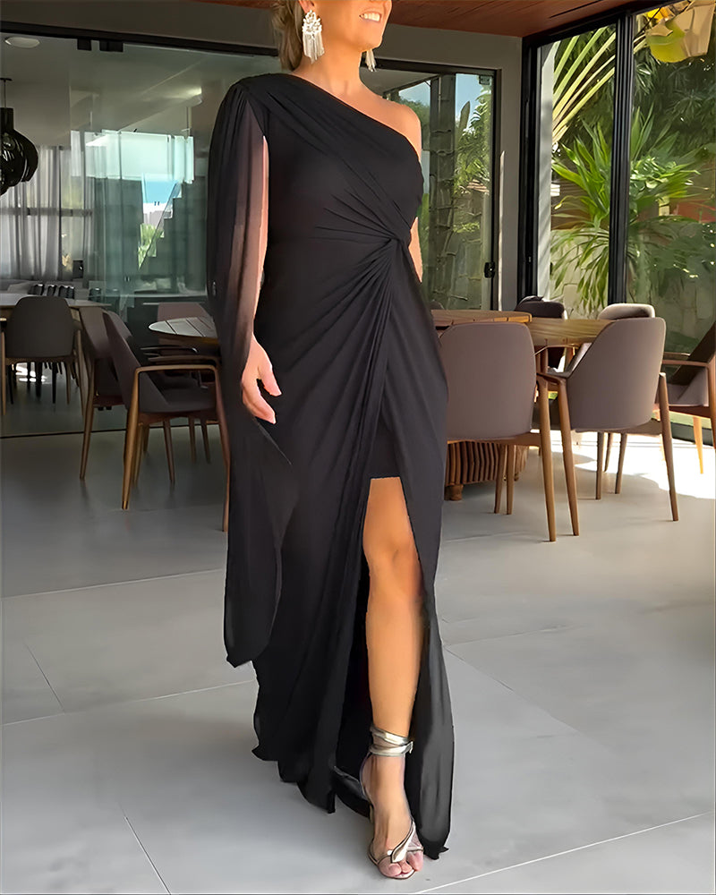 One Shoulder Asymmetrical Mesh Cloak Sleeve Ruched Twist Waist Evening Dress Waist Gathered Slit Party Dress