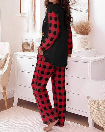 2 Pieces Outfit Christmas Tree Print Plaid Print Spliced Long Sleeve Top and Plaid Print Elastic Waist Pants Set Casual Pajamas Set
