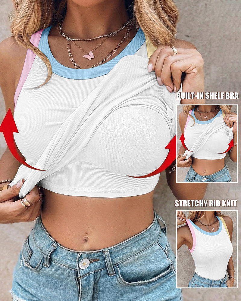 Women's Contrast Binding Tank Top Ribbed Knit Sleeveless Scoop Neck Slim Fit Camisole Top with Built-in Bra