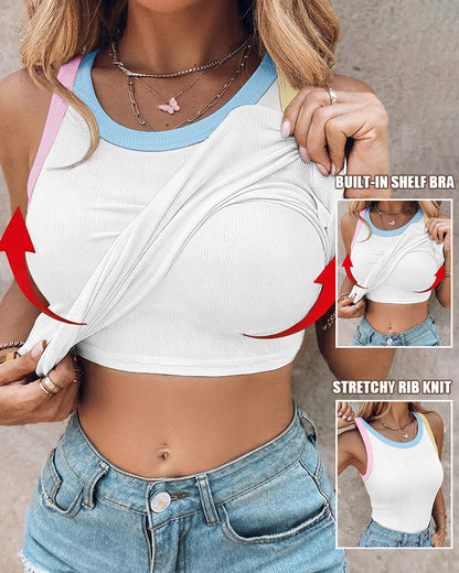 Women's Contrast Binding Tank Top Ribbed Knit Sleeveless Scoop Neck Slim Fit Camisole Top with Built-in Bra
