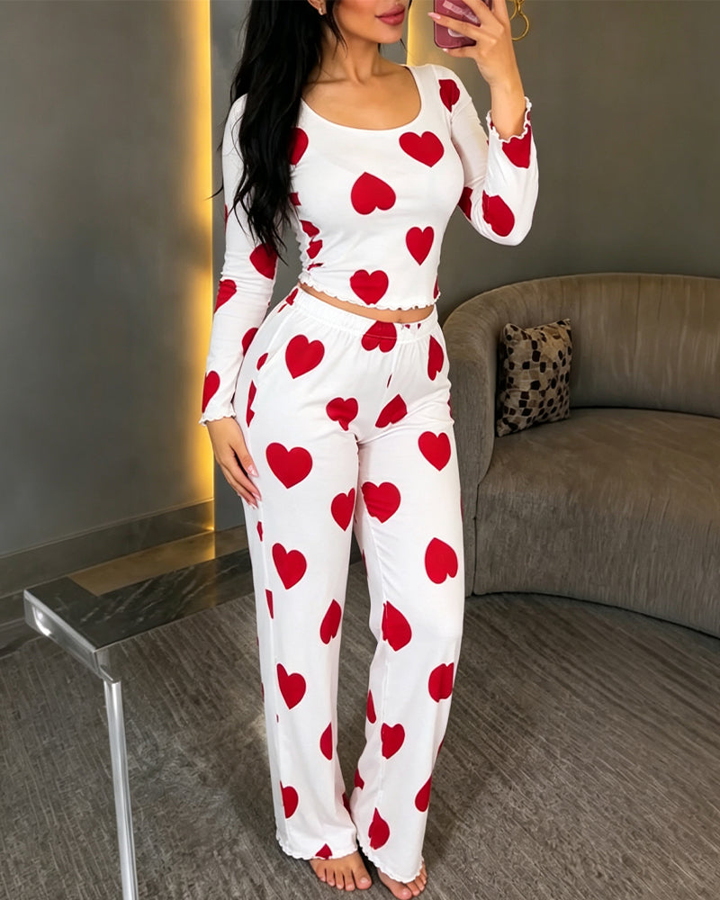 Women's Heart Print Pajama Set Backless Tied Detail Crop Top and High Waist Straight Leg Pants