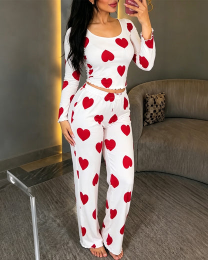 Women's Heart Print Pajama Set Backless Tied Detail Crop Top and High Waist Straight Leg Pants