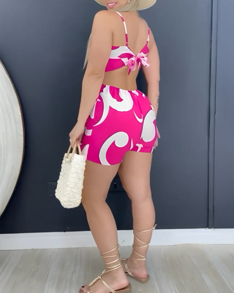 Floral Print Deep V-Neck Adjustable Spaghetti Straps Romper Casual Tied Back Cutout Slim Fit Skort Romper