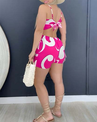 Floral Print Deep V-Neck Adjustable Spaghetti Straps Romper Casual Tied Back Cutout Slim Fit Skort Romper