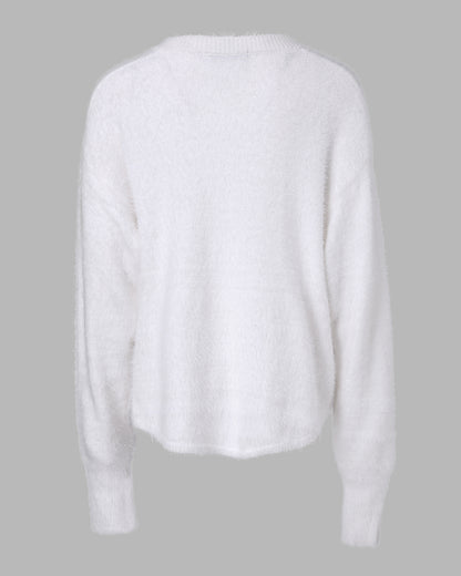 V Neck Long Sleeve Beaded Decor Oversized Sweater Fluffy Pullover Top