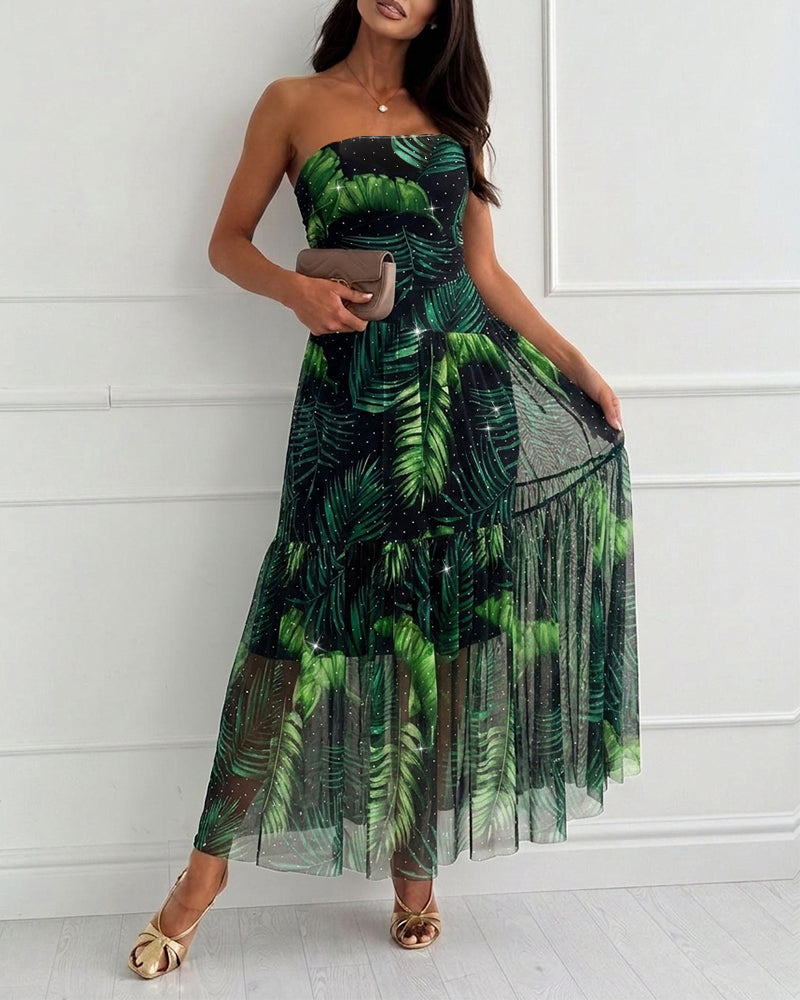 Women's Tropical Leaf Print Tube Maxi Dress Sexy Sheer Mesh Rhinestone Ruched Long Dress with Detachable Clear Straps 1 Women's Tropical Leaf Print Tube Maxi Dress Sexy Sheer Mesh Rhinestone Ruched Long Dress with Detachable Clear Straps