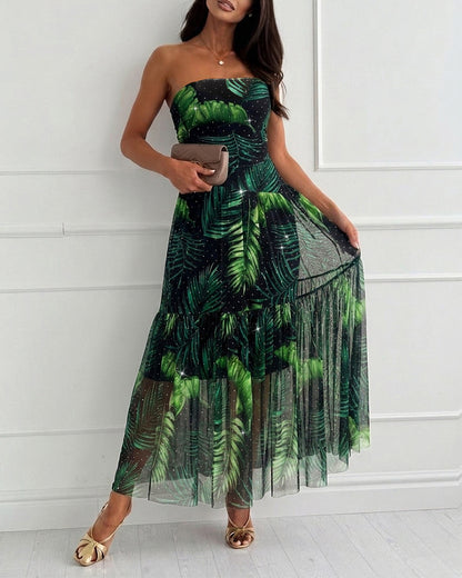 Women's Tropical Leaf Print Tube Maxi Dress Sexy Sheer Mesh Rhinestone Ruched Long Dress with Detachable Clear Straps