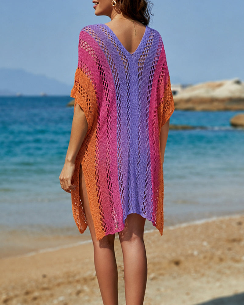 Women's Beach Cover Up Colorblock Stripe V Neck Batwing Sleeve Side Slit Cover Up