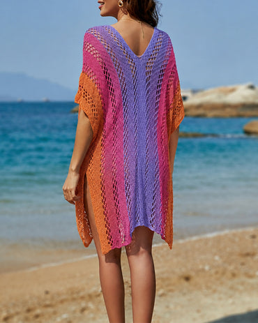 Women's Beach Cover Up Colorblock Stripe V Neck Batwing Sleeve Side Slit Cover Up
