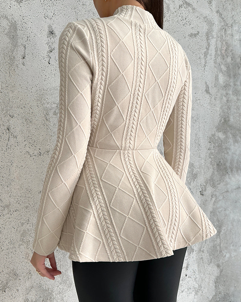 Shawl Collar Cable Textured Single Breasted Ruffle Hem Coat