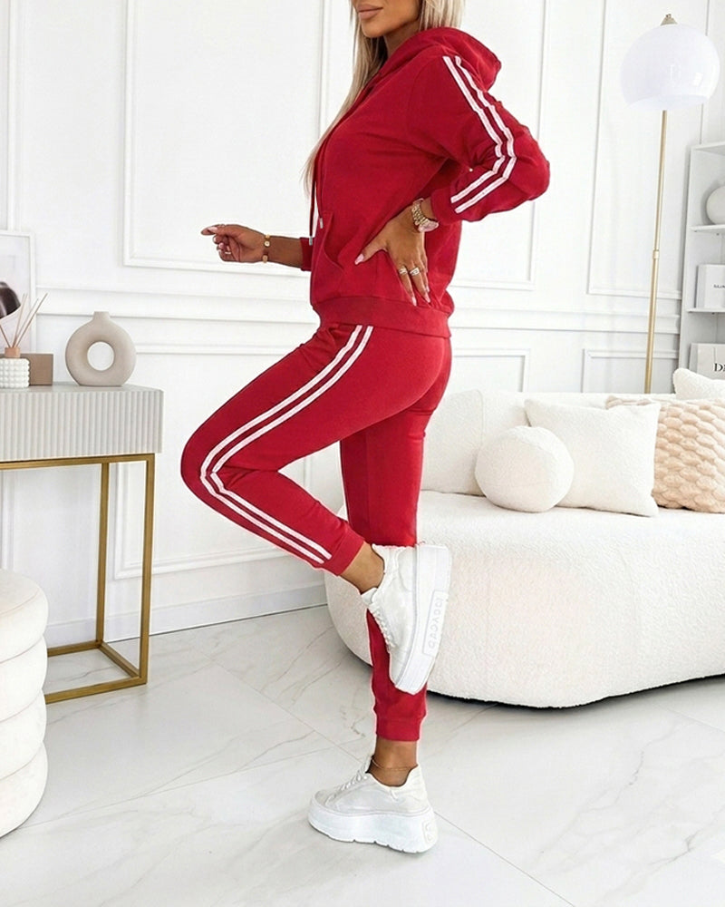 Women's Contrast Side Striped Athletic Set Drawstring Hoodie Top and Jogger Sweatsuit Casual Sweatpants Set with Pockets