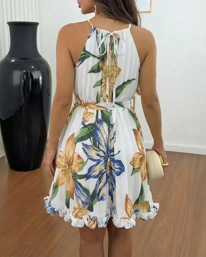 Floral Print Halter Tie Sleeveless Hollow-out Back Pleated Romper Casual Tie Waist Ruffles Trim Skorts Romper with Belt