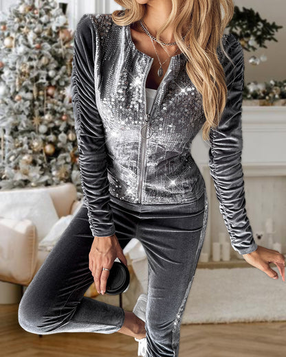 2 Pieces Outfit Contrast Sequin Ruched Long Sleeve Zip Up Coat and Elastic Waist Pants Set Casual Slim Fit Velvet Tracksuit