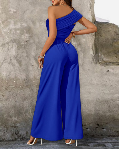CHICME Damen-Overall mit One-Shoulder-Goldschnalle, gerüschter Taille und weitem Bein