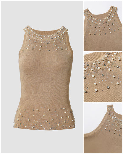 Women's Pearl Rhinestone Halter Neck Knit Top Slim Fit Tank