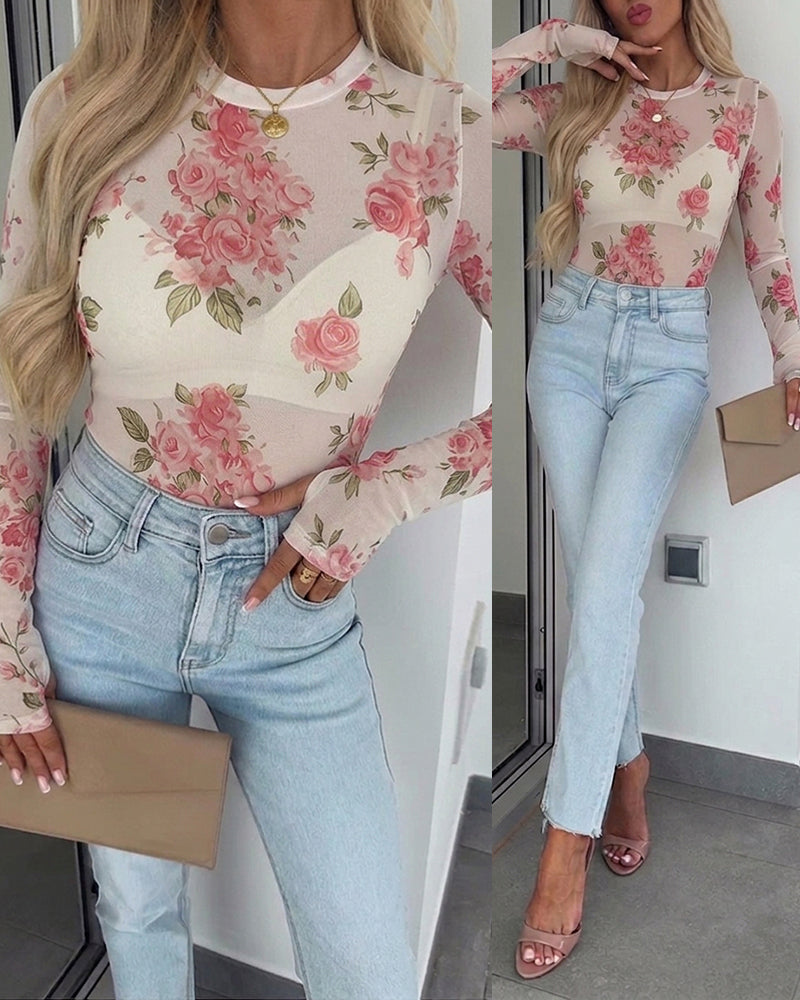 Women's Floral Mesh Long Sleeve Top Sheer O-Neck Slim Fit Blouse for Casual Streetwear & Layering