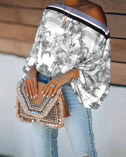 Ink Plants & Animal Placement Print Skew Neck Lantern Sleeve Blouse Casual Contrast Striped Loose Fit Top