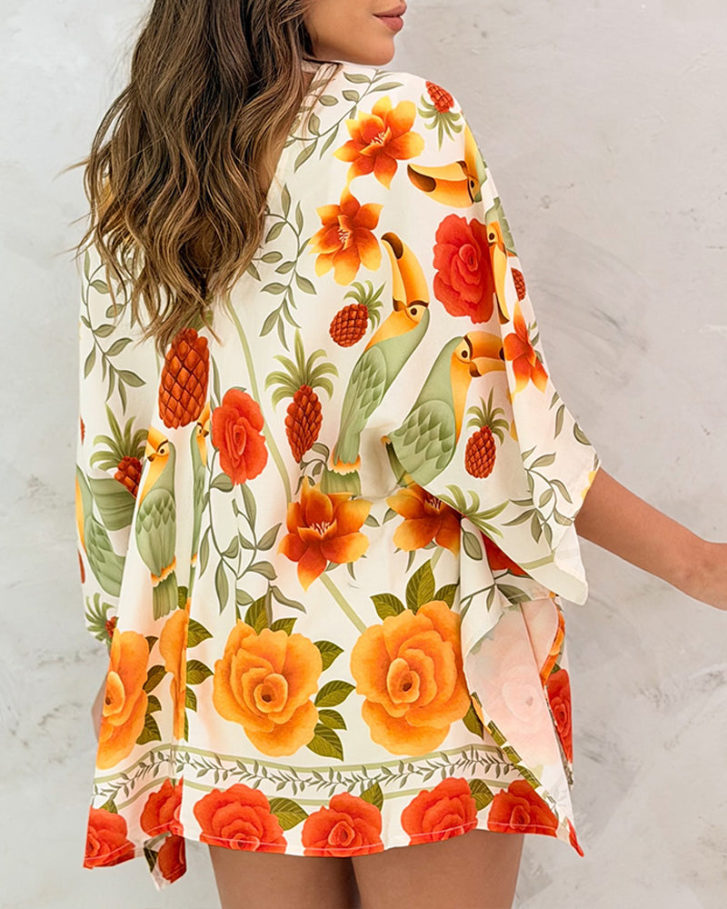 Tropical Floral & Animal Print Open Front Half Sleeve Cover-up Casual Hollow-out Back Loose Fit Cardigan