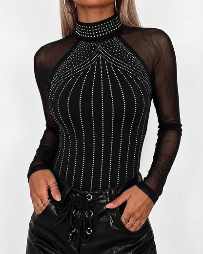 Women's Rhinestone Mesh Long Sleeve Mock Neck Top Slim Fit Tee