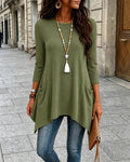 Women's Ribbed Asymmetrical Hem Top Crewneck Three Quarters Sleeve A-Line Casual Top