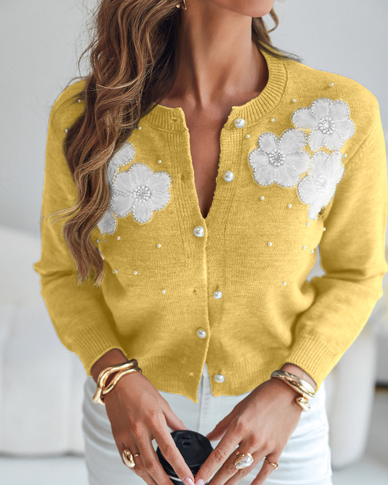 Floral Applique & Pearls Decor Round Neck Single Breasted Knit Cardigan Casual Crop Sweater Coat
