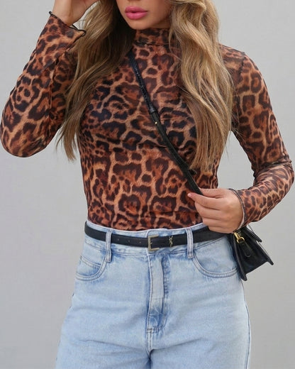 Women's Vintage Leopard Print Sheer Mesh Top Mock Neck Long Sleeve Fitted Tee