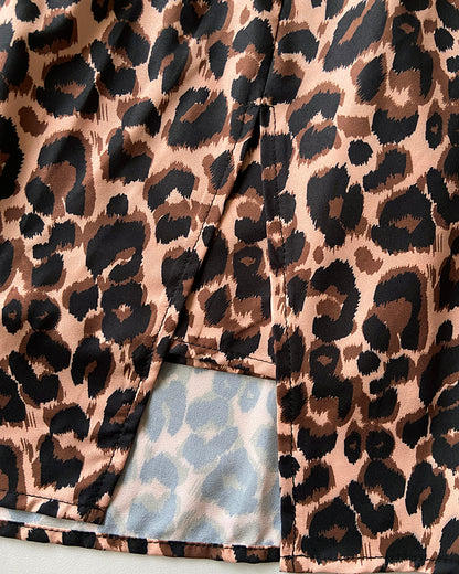 Leopard Print Square Neck Thick Strap Tied Detail Slit Romper Shirred Back Lace-up Skort Romper