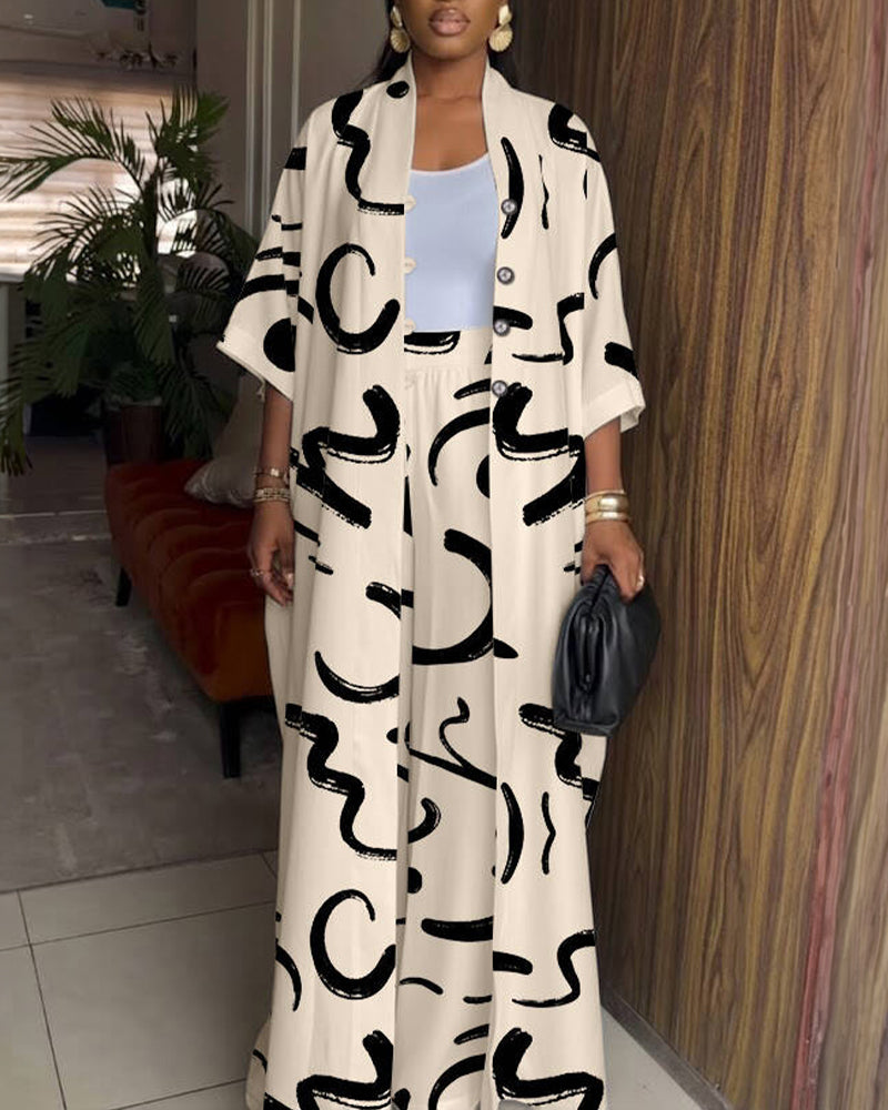 2 Pieces Outfit Batwing Sleeve Button Front Side Slit Longline Coat and Elastic Back Waist Wide Leg Pants Set Casual Abstract Print Satin Set