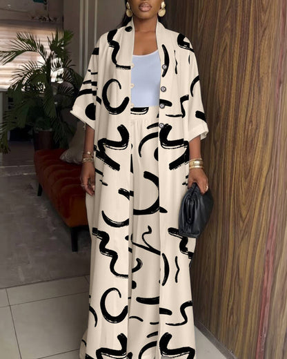 2 Pieces Outfit Batwing Sleeve Button Front Side Slit Longline Coat and Elastic Back Waist Wide Leg Pants Set Casual Abstract Print Satin Set