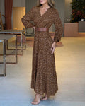 Women's VintageDitsy Floral Maxi Dress Overlap V Neck Puff Sleeve Shirred A Line Ruffle Hem Dress with Pockets