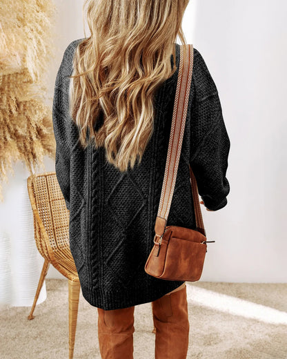Round Neck Long Sleeve Drop Shoulder Pullover Sweater Casual Loose Fit Cable Knit Mid Length Sweater