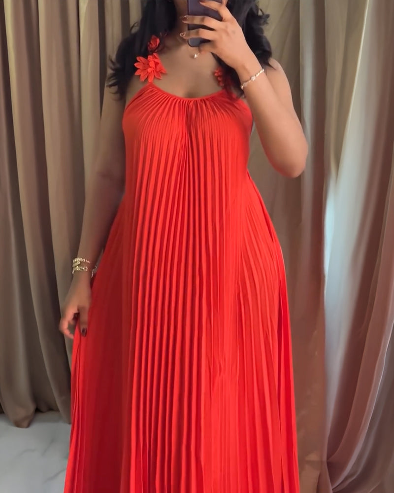 U-Neck 3D Flower Decor Adjustable Spaghetti Straps Maxi Dress Sexy Backless Criss Cross Back Pleated Dress