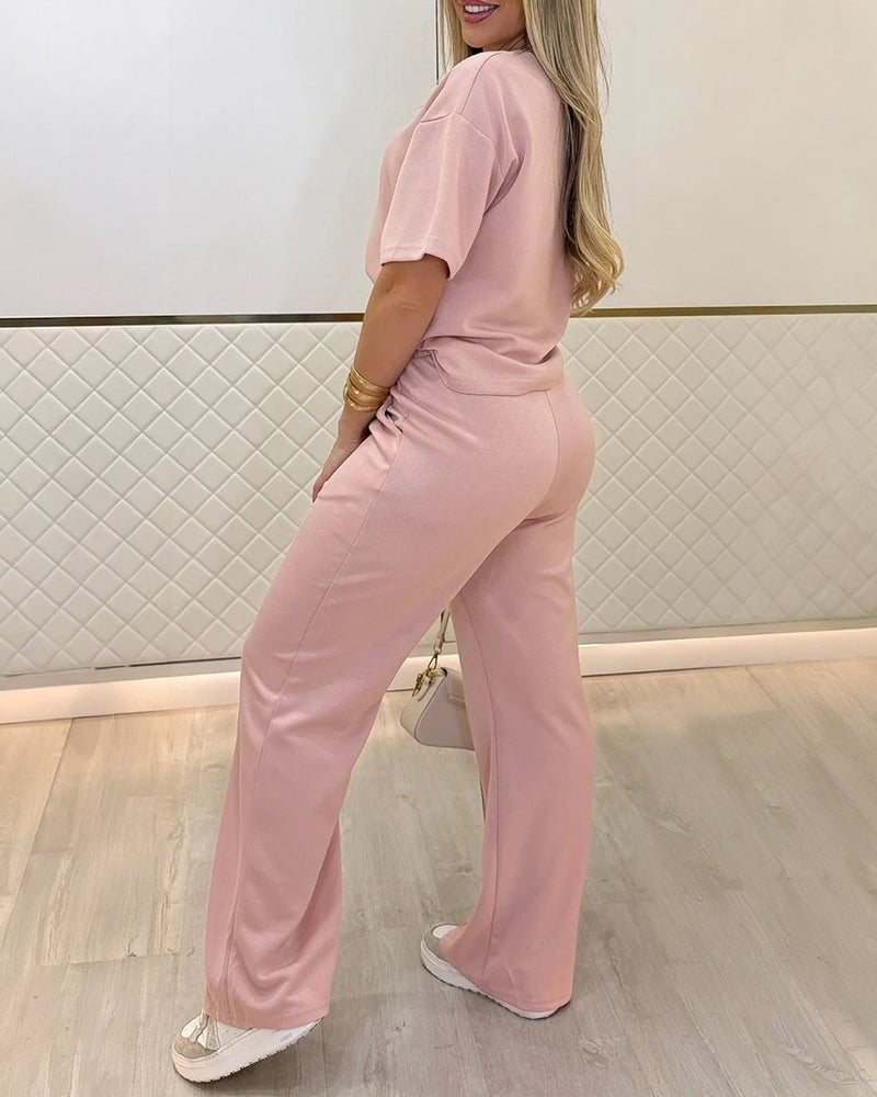2 Pieces Outfit O-neck Short Sleeve Side Slit Top and Casual Drawstring Elastic Waist Seam Front Wide Leg Pants Set