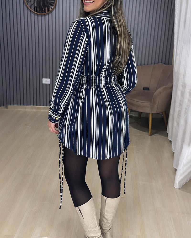 Women's Striped Shirt Dress Button Down Long Sleeve Shirred Waist Casual Dress