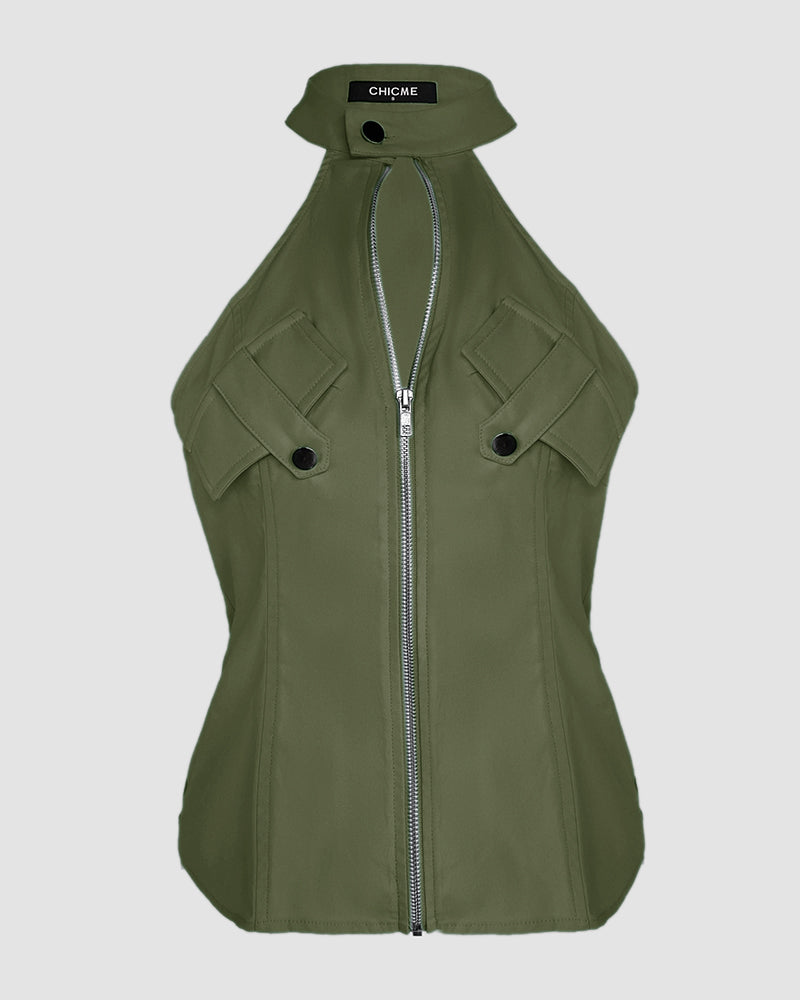 2 Pieces Outfits Sleeveless High Neck Cargo Pockets Design Top And Casual Cuffed Long Pants Set