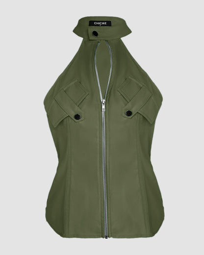 2 Pieces Outfits Sleeveless High Neck Cargo Pockets Design Top And Casual Cuffed Long Pants Set