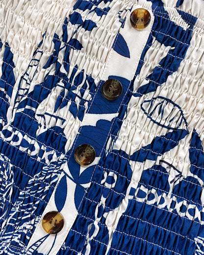 Floral Print Bandeau Shirred Romper Casual Button Decor Short Jumpsuit