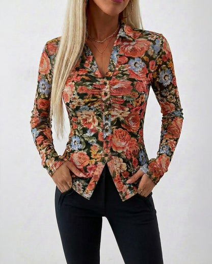 Vintage Oil Painting Floral Print Turn-down Collar V-Neck Button Front Shirt Slim Fit Long Sleeve Ruched Sheer Mesh Top with Lining
