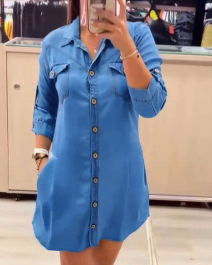Turn-down Collar Turn-Up Sleeves Button Down Denim Shirt Dress Casual Flap Pockets Decor Asymmetrical Hem Dress