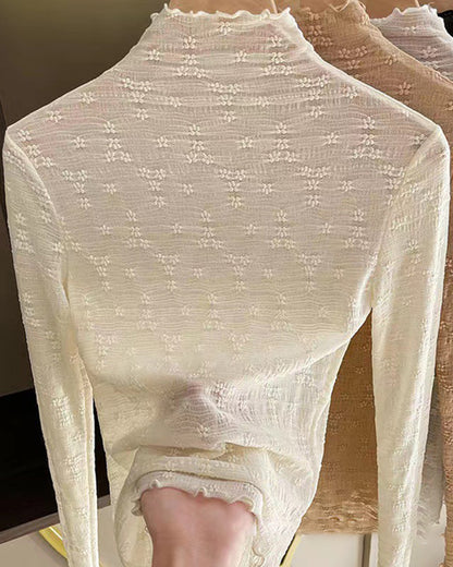 Lace Frill Hem Mock Neck Long Sleeve T-Shirt Sexy Floral Sheer Mesh Hollow Out Top