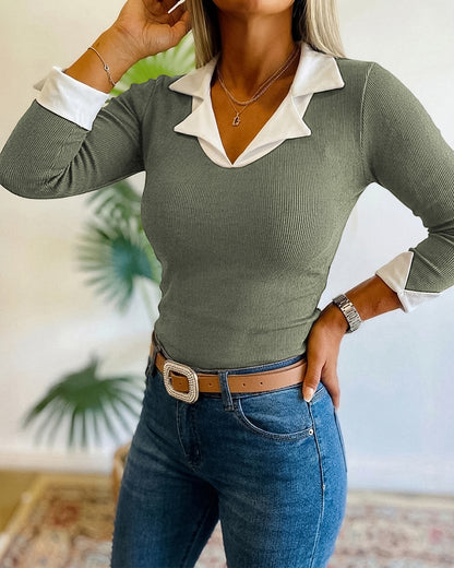Women's Contrast Lapel Collar Faux Two-Piece Knit Top Long Sleeve Slim Fit Top
