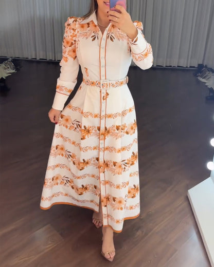 Floral Placement Print Turn-down Collar Puff Sleeve Vacation Dress Casual Button Down Shirt Dress With Belt and Lining