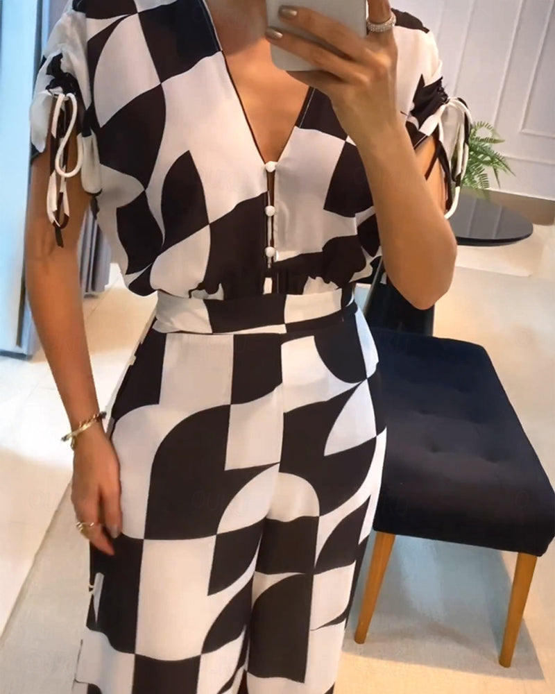 Geometric Print V-Neck Short Sleeve Zipper Jumpsuit