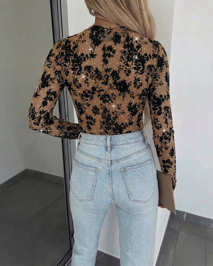 Women's Rhinestone Flocking Floral Sheer Mesh Top Fitted Long Sleeve Tee with Thumb Holes