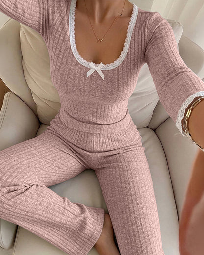 Women's 2 Piece Ribbed Lounge Sets Lace Trim Long Sleeve Top and High Waisted Pants Pajamas Sets with Pockets