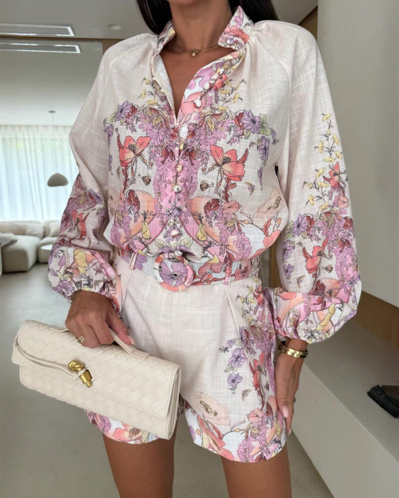 2 Pieces Outfit Floral Placement Print Stand Collar Button Button Front Lantern Sleeve Top and Casual Elastic Back Waist Shorts Set with Belt