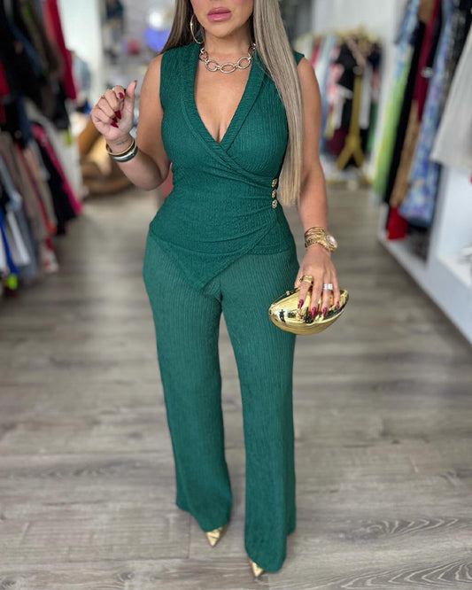 2 Pieces Outfit Overlap Deep V-Neck Sleeveless Side Button Decor Asymmetrical Hem Slim Fit Top and Elastic Waist Wide Leg Pants Set Casual Ribbed Set