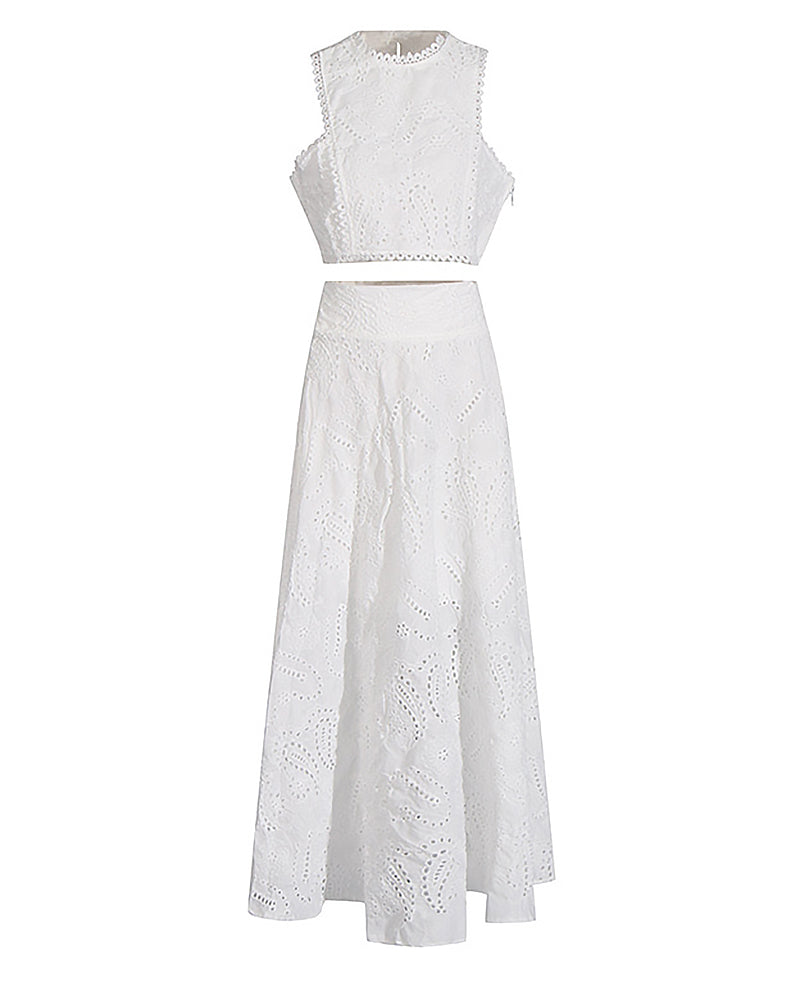 2 Pieces Outfit Lace Hollow Out Sleeveless Crop Top and Casual High Waist A Line Skirt Set