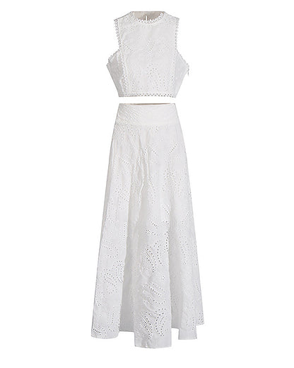 2 Pieces Outfit Lace Hollow Out Sleeveless Crop Top and Casual High Waist A Line Skirt Set