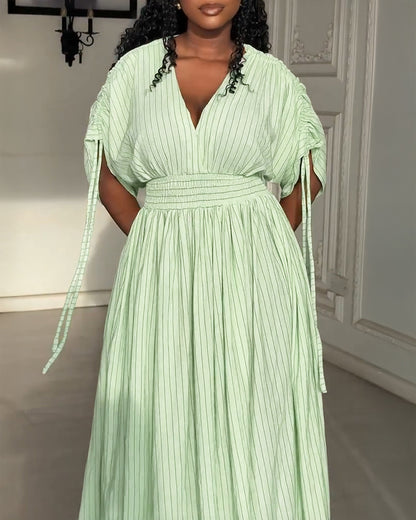 Striped V-Neck Drawstring Sleeve Shirred Waist Maxi Dress Casual Cinched Waist Zipper Back Vacation Dress